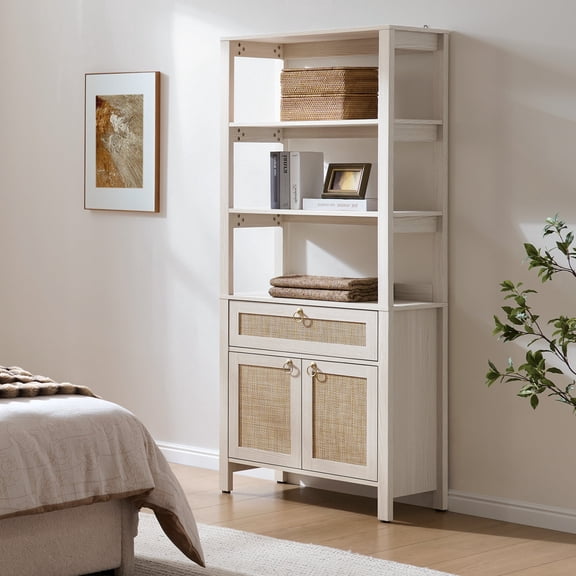 SICOTAS 68.5" Tall Rattan Bookshelf with Large Drawer & 2 Doors, Boho 5-Tier Bookcase with Adjustable Shelf, Display Storage Shelves for Living Room, Home Office, White Oak
