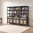 thumbnail image 1 of SICOTAS 68.5" Tall Rattan Bookshelf Set of 3 with Large Drawer & 2 Doors, Boho 5-Tier Bookcase with Adjustable Shelf, Display Storage Shelves for Living Room, Home Office, Black Oak, 1 of 9