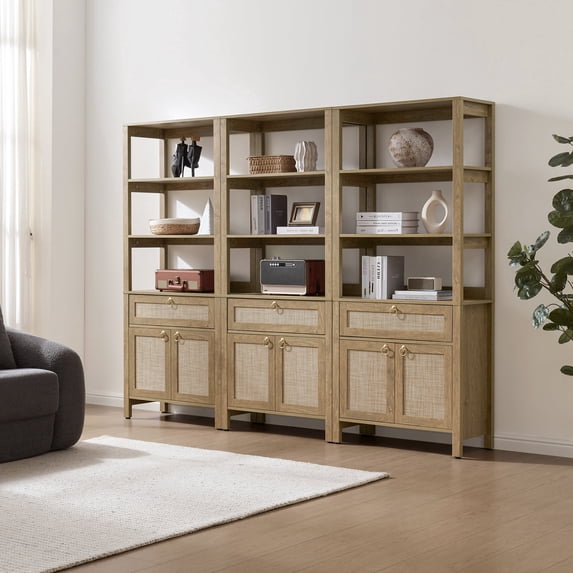 SICOTAS 68.5" Tall Rattan Bookshelf Set of 3 with Large Drawer & 2 Doors, Boho 5-Tier Bookcase with Adjustable Shelf, Display Storage Shelves for Living Room, Home Office, Natural Oak