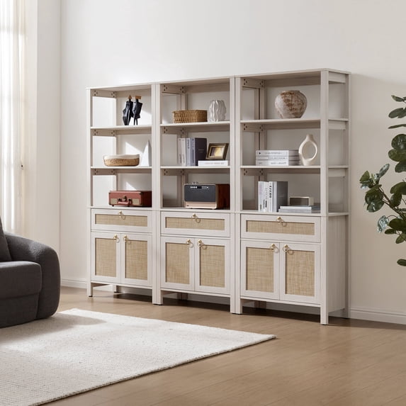 SICOTAS 68.5" Tall Rattan Bookshelf Set of 3 with Large Drawer & 2 Doors, Boho 5-Tier Bookcase with Adjustable Shelf, Display Storage Shelves for Living Room, Home Office, White Oak