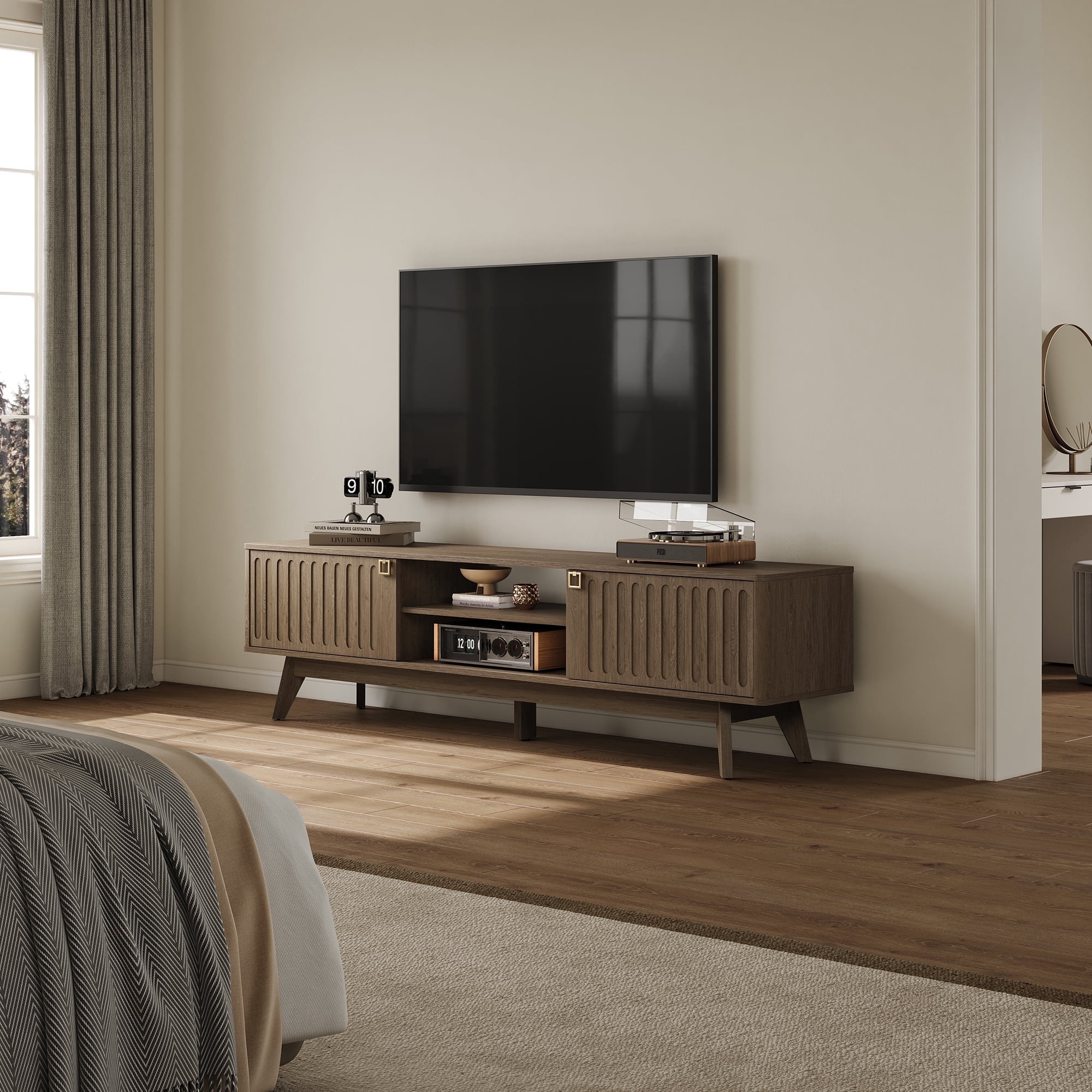 SICOTAS 70.1" Extra Long Modern TV Stand, Minimalist Console Table with 2 Fluted Doors, 3-Tier Storage Shelves, Long Entertainment Center for Living Room, Coffee Oak