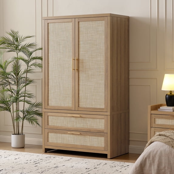SICOTAS 40"W Oversized Boho Armoire Wardrobe Closet with 2 Large Drawers, 71" Tall Rattan Clothing Storage Cabinet with Shelves & Hanging Rod, Farmhouse Freestanding Wardrobe Cabinet for Bedroom, Oak