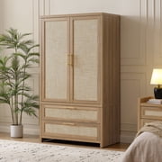 SICOTAS 40"W Oversized Boho Armoire Wardrobe Closet with 2 Large Drawers, 71" Tall Rattan Clothing Storage Cabinet with Shelves & Hanging Rod, Farmhouse Freestanding Wardrobe Cabinet for Bedroom, Oak