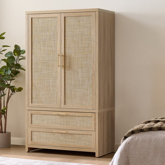 SICOTAS 71"H Boho Armoire Wardrobe Closet, Large Rattan Storage Wardrobe with Adjustable Shelf and 2 Doors, Freestanding Wooden Closet Armoires with 2 Oversized Drawers, Light Oak