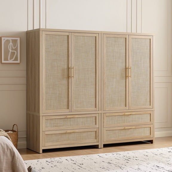 SICOTAS 71"H Boho Armoire Wardrobe Closet Set of 2- Rattan Storage Wardrobe with Adjustable Shelf and 2 Doors, Freestanding Wooden Closet Armoires with 2 Large Drawers,Reclaimed Light Oak