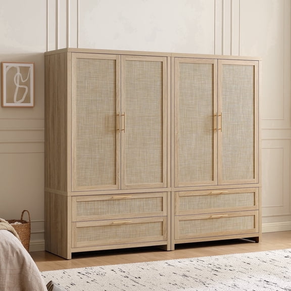 SICOTAS 71"H Boho Armoire Wardrobe Closet Set of 2- Rattan Storage Wardrobe with Adjustable Shelf and 2 Doors, Freestanding Wooden Closet Armoires with 2 Large Drawers,Reclaimed Light Oak