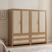 SICOTAS 40W Oversized Boho Armoire Wardrobe Closet Set of 2, 71H Rattan Clothing Storage Cabinet with 2 Drawers & Adjustable Shelves, Farmhouse Freestanding Wooden Wardrobe Cabinet for Bedroom, Oak