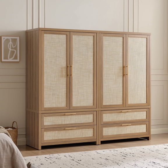 SICOTAS 40"W Oversized Boho Armoire Wardrobe Closet Set of 2, 71"H Rattan Clothing Storage Cabinet with 2 Drawers & Adjustable Shelves, Farmhouse Freestanding Wooden Wardrobe Cabinet for Bedroom, Oak