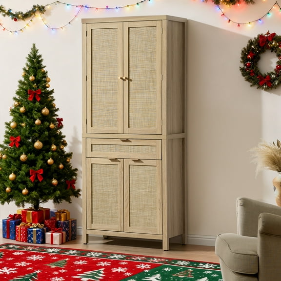 SICOTAS 72.1" Tall Pantry Cabinet with Doors and Shelves, Boho Kitchen Storage Cabinet with 4 Rattan Doors & 1 Large Drawer, 7 Tier Pantry for Dining Room, Light Oak