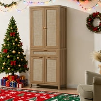 SICOTAS 72.1" Tall Kitchen Pantry Cabinet with Doors and Shelves, Boho Storage Cabinet with 4 Rattan Doors & 1 Large Drawer, 7 Tier Food Pantry Shelf Organizer for Dining Room, Natural Oak