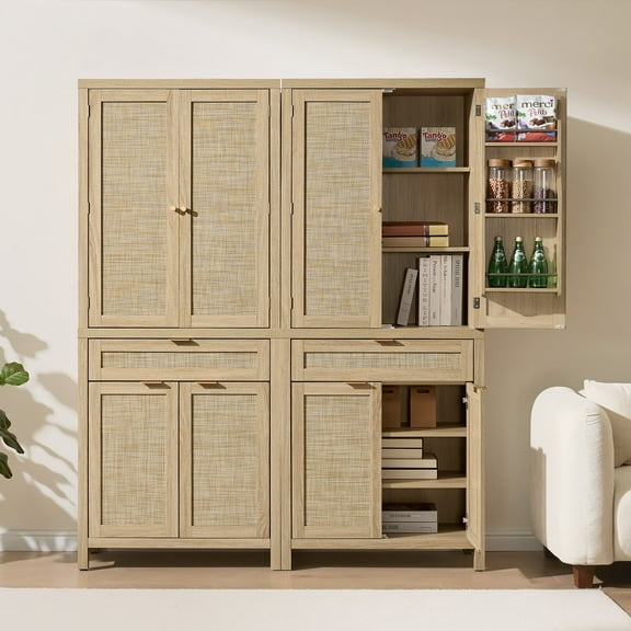 SICOTAS 72.1" Tall Pantry Cabinet Set of 2 with Doors and Shelves, Boho Kitchen Storage Cabinet with 4 Rattan Doors & 1 Large Drawer, 7 Tier Pantry for Dining Room, Light Oak