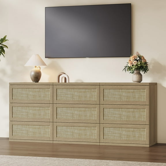 SICOTAS 74.7" W 9-Drawer Rattan Dresser for Bedroom, Modular Dresser Set with Pop-Up Drawers and Adjustable Feet Oversized Modern Dresser, Amber Oak