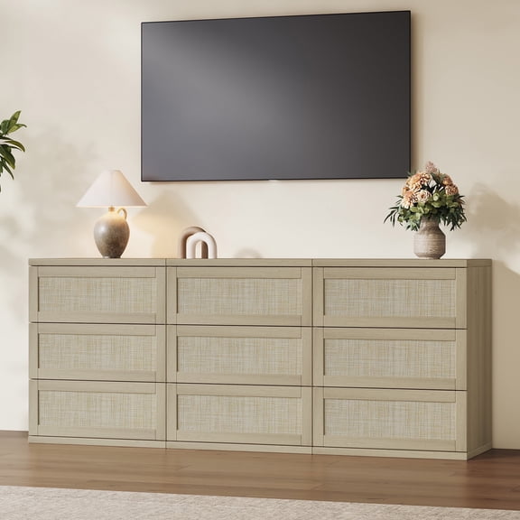 SICOTAS 74.7" W 9-Drawer Rattan Dresser for Bedroom, Modular Dresser Set with Pop-Up Drawers and Adjustable Feet Oversized Modern Dresser, Sand Oak