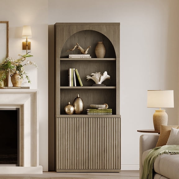 SICOTAS 77.6" Tall Storage Cabinet with Arched Hutch & Fluted Doors, Modern Bookcase with Adjustable Shelves, Kitchen Pantry Cabinet, Display Cabinet for Living Room, Home Office, Grey Alder