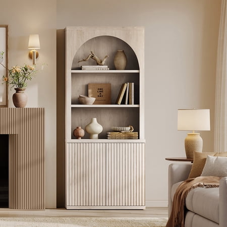 SICOTAS 77.6" Tall Storage Cabinet with Arched Hutch & Fluted Doors, Modern Bookcase with Adjustable Shelves, Kitchen Pantry Cabinet, Display Cabinet for Living Room, Home Office, Light Grey Alder
