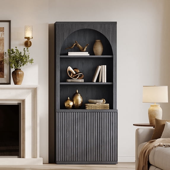 SICOTAS 77.6" Tall Storage Cabinet with Arched Hutch & Fluted Doors, Modern Bookcase with Adjustable Shelves, Kitchen Pantry Cabinet, Display Cabinet for Living Room, Home Office, Black Grey Alder