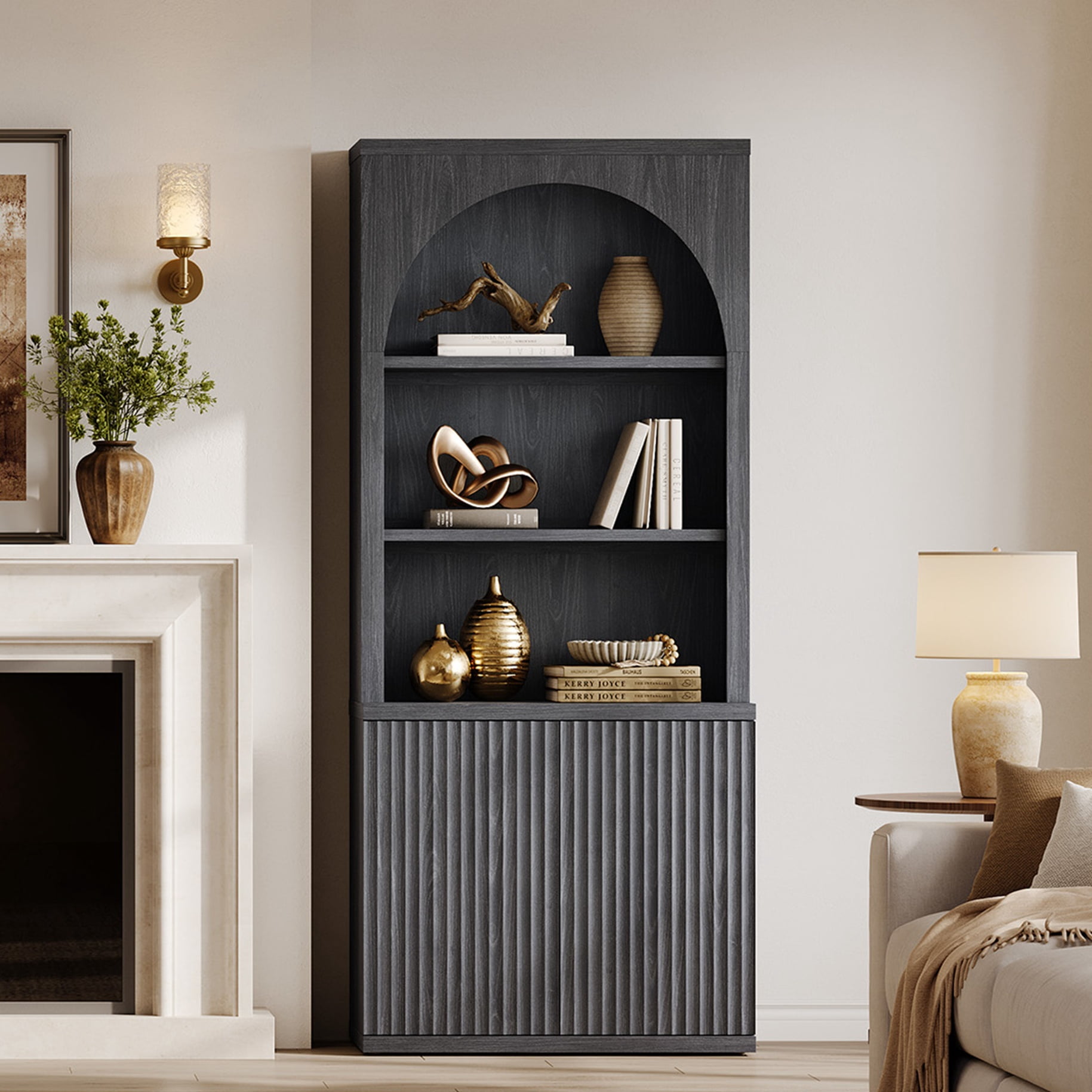 SICOTAS 77.6" Tall Storage Cabinet with Arched Hutch & Fluted Doors, Modern Bookcase with Adjustable Shelves, Kitchen Pantry Cabinet, Display Cabinet for Living Room, Home Office, Black Grey Alder