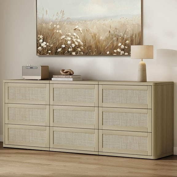 SICOTAS 78.5" Wide 9 Drawer Modular Rattan Dresser for Bedroom, Oversized Dresser with Adjustable Feet&Sturdy Legs Base, Sand Oak
