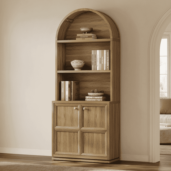 SICOTAS 81" Tall Arched Kitchen Pantry Storage Cabinet with Doors & Adjustable Shelves, Oversized 5-Tier Farmhouse Cupboard with Cable Management for Dining Room, Living Room, Brown Oak