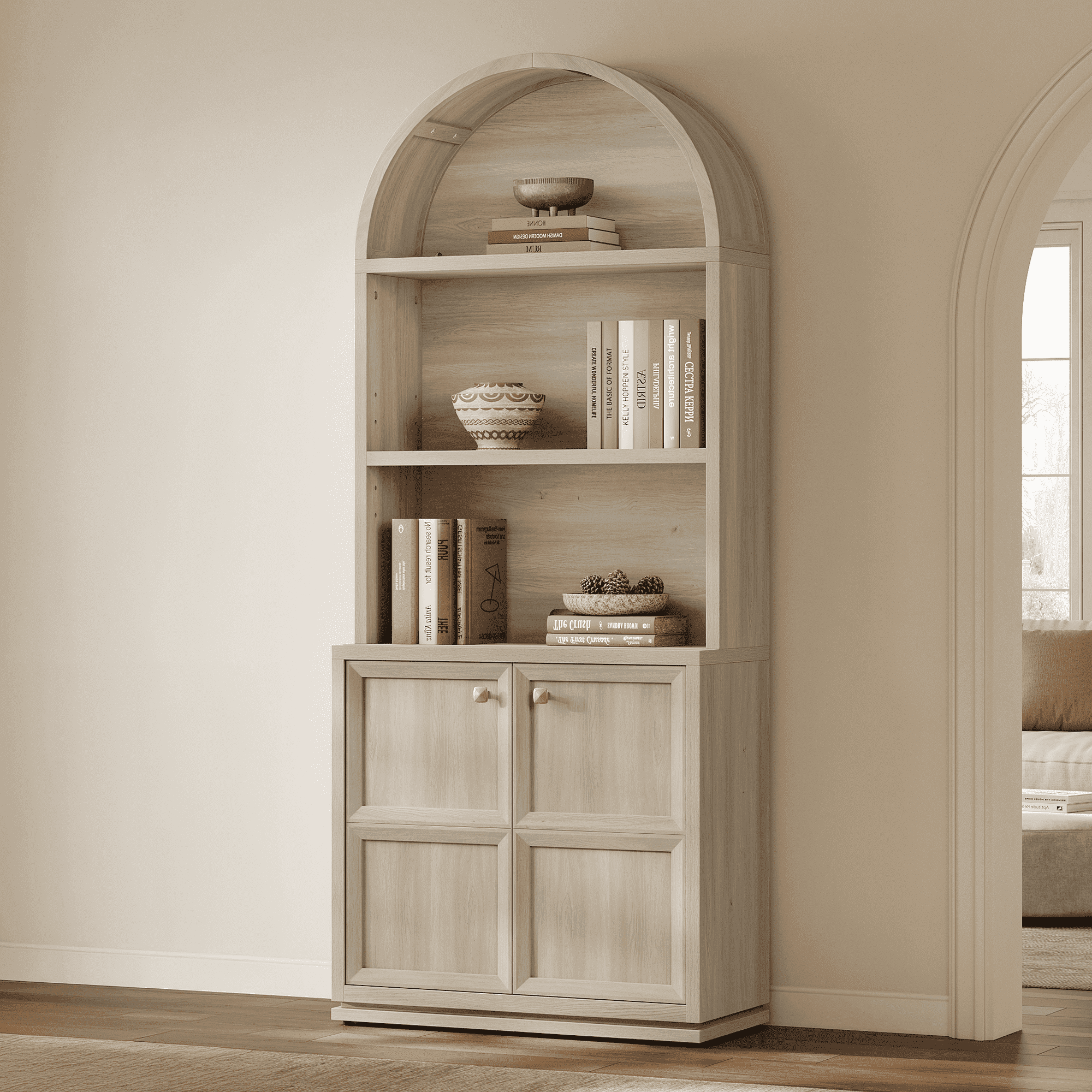 SICOTAS 81" Tall Arched Kitchen Pantry Storage Cabinet with Doors & Adjustable Shelves, Oversized 5-Tier Farmhouse Cupboard with Cable Management for Dining Room, Living Room, White Oak