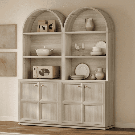 SICOTAS 81" Tall Arched Kitchen Pantry Storage Cabinet Set of 2 with Doors & Adjustable Shelves, Oversized 5-Tier Farmhouse Cupboard with Cable Management for Dining Room, Living Room, White Oak