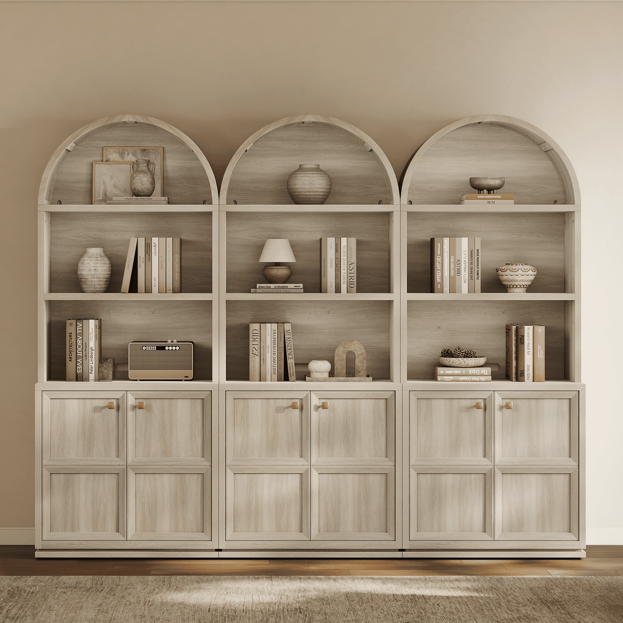 SICOTAS 81" Tall Arched Kitchen Pantry Storage Cabinet Set of 3 with Doors & Adjustable Shelves, Oversized 5-Tier Farmhouse Cupboard with Cable Management for Dining Room, Living Room, White Oak