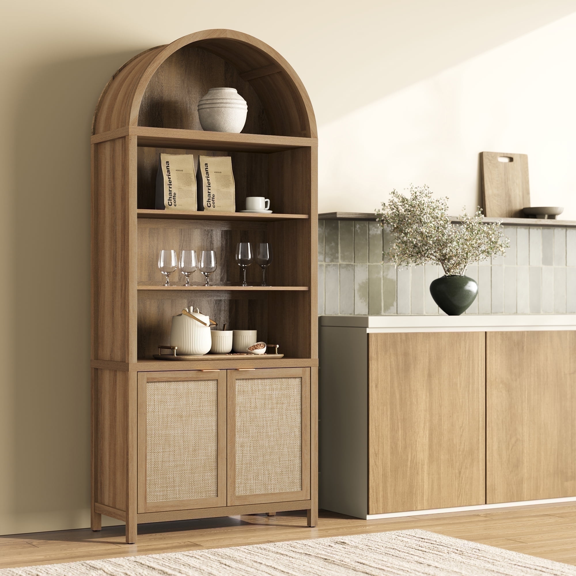 SICOTAS 84.2"H Tall Kitchen Arched Pantry Cabinet, Oversized Boho Farmhouse Floor Storage ...