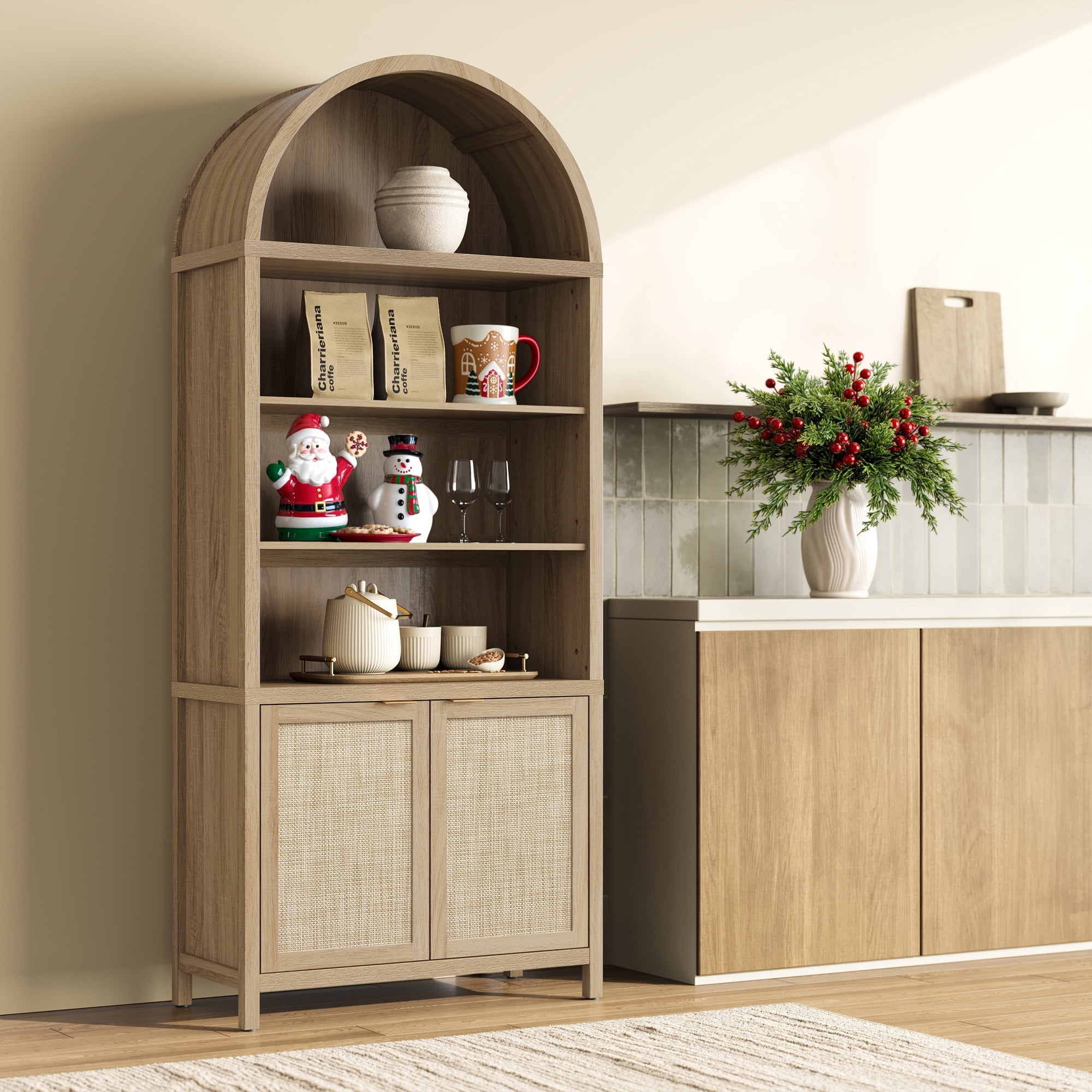 SICOTAS 84.2" Tall Rattan Pantry Cabinet with Adjustable Shelves - Large Farmhouse Kitchen Storage Organizer, Boho Dining Room Cabinet, Freestanding Arched Food Pantry with Doors ,Reclaimed Light Oak