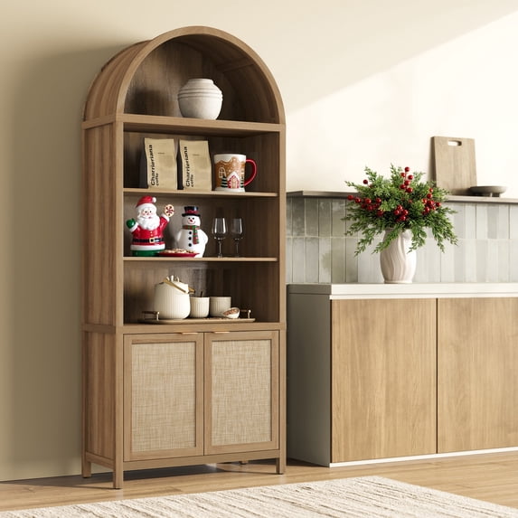 SICOTAS 84.2"H Tall Kitchen Arched Pantry Cabinet, Oversized Boho Farmhouse Floor Storage Organizer with 2 Rattan Doors & Adjustable Shelf for Kitchen, Dining Room ,Reclaimed Caramel Oak