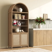 SICOTAS 84.2H Tall Kitchen Arched Pantry Cabinet, Oversized Boho Farmhouse Floor Storage Organizer with 2 Rattan Doors & Adjustable Shelf for Kitchen, Dining Room ,Reclaimed Caramel Oak