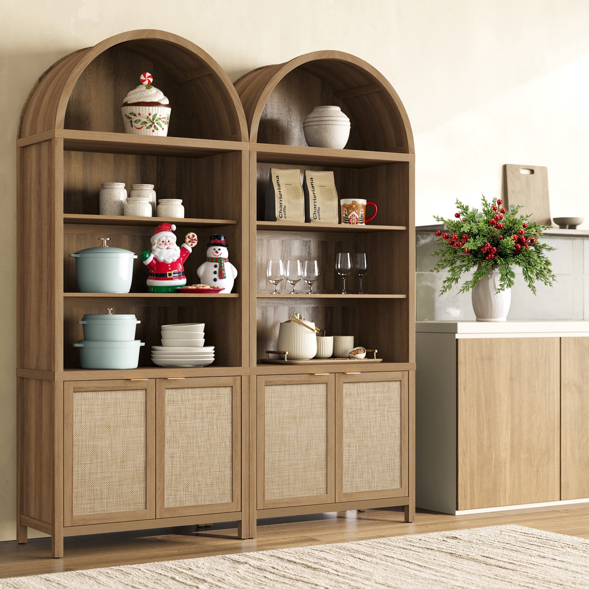 SICOTAS 84.2"H Tall Rattan Arched Kitchen Pantry Cabinet Set of 2 with Adjustable Shelves, Oversized Boho Farmhouse Floor Storage Organizer for Kitchen, Dining Room,Reclaimed Caramel Oak
