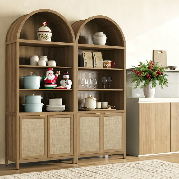SICOTAS 84.2"H Tall Rattan Arched Kitchen Pantry Cabinet Set of 2 with Adjustable Shelves, Oversized Boho Farmhouse Floor Storage Organizer for Kitchen, Dining Room,Reclaimed Caramel Oak