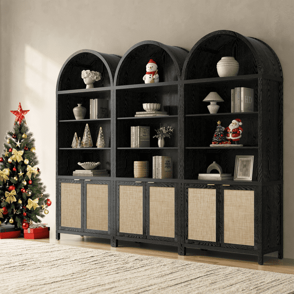 SICOTAS 84.2"H Tall Rattan Arched Pantry Cabinet Set of 3 with Adjustable Shelves, Oversized Boho Farmhouse Floor Storage Organizer for Kitchen, Dining Room & Home Decor,Black Oak