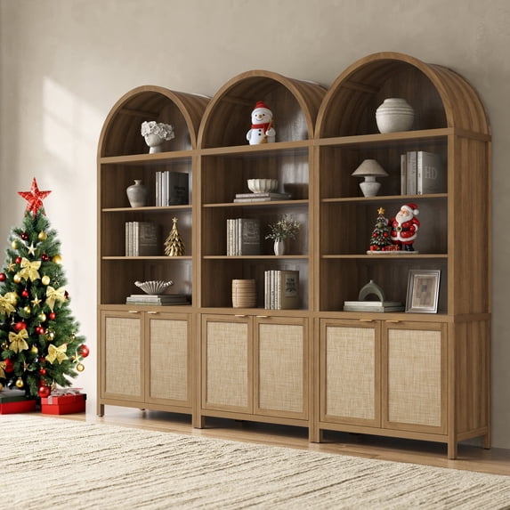 SICOTAS 84.2"H Tall Rattan Arched Pantry Cabinet Set of 3 with Adjustable Shelves, Oversized Boho Farmhouse Floor Storage Organizer for Kitchen, Dining Room & Home Decor,Reclaimed Caramel Oak