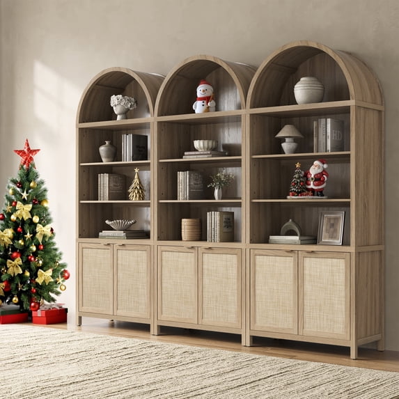 SICOTAS 84.2"H Tall Rattan Arched Pantry Cabinet Set of 3 with Adjustable Shelves, Oversized Boho Farmhouse Floor Storage Organizer for Kitchen, Dining Room & Home Decor,Reclaimed Light Oak