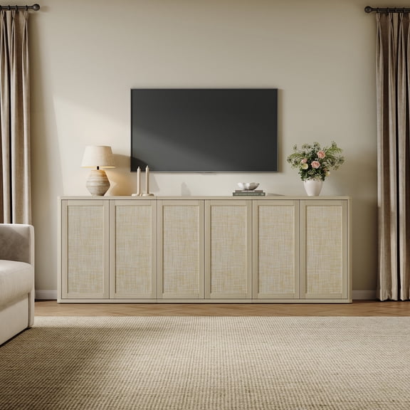 SICOTAS 94.83"W Modular Rattan Sideboard Buffet Cabinet with Adjustable Shelves & Pop-Up Door, Larger Storage Cabinet for Living Room, Entryway Organization -Sand Oak