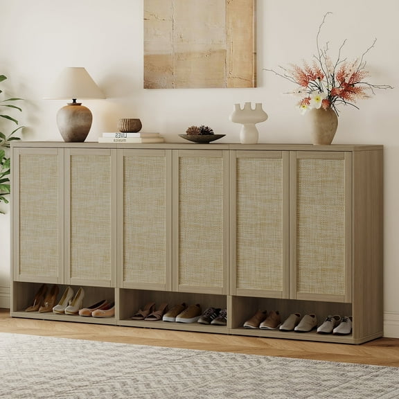 SICOTAS 96.8"W Large Boho Shoe Storage Cabinet with 6 Doors, Rattan 5-Tier Tall Shoe Organizer Cabinet with Adjustable Shelves, Modular Shoe Rack Cabinet up to 60 Pairs for Entryway, Living Room, Oak