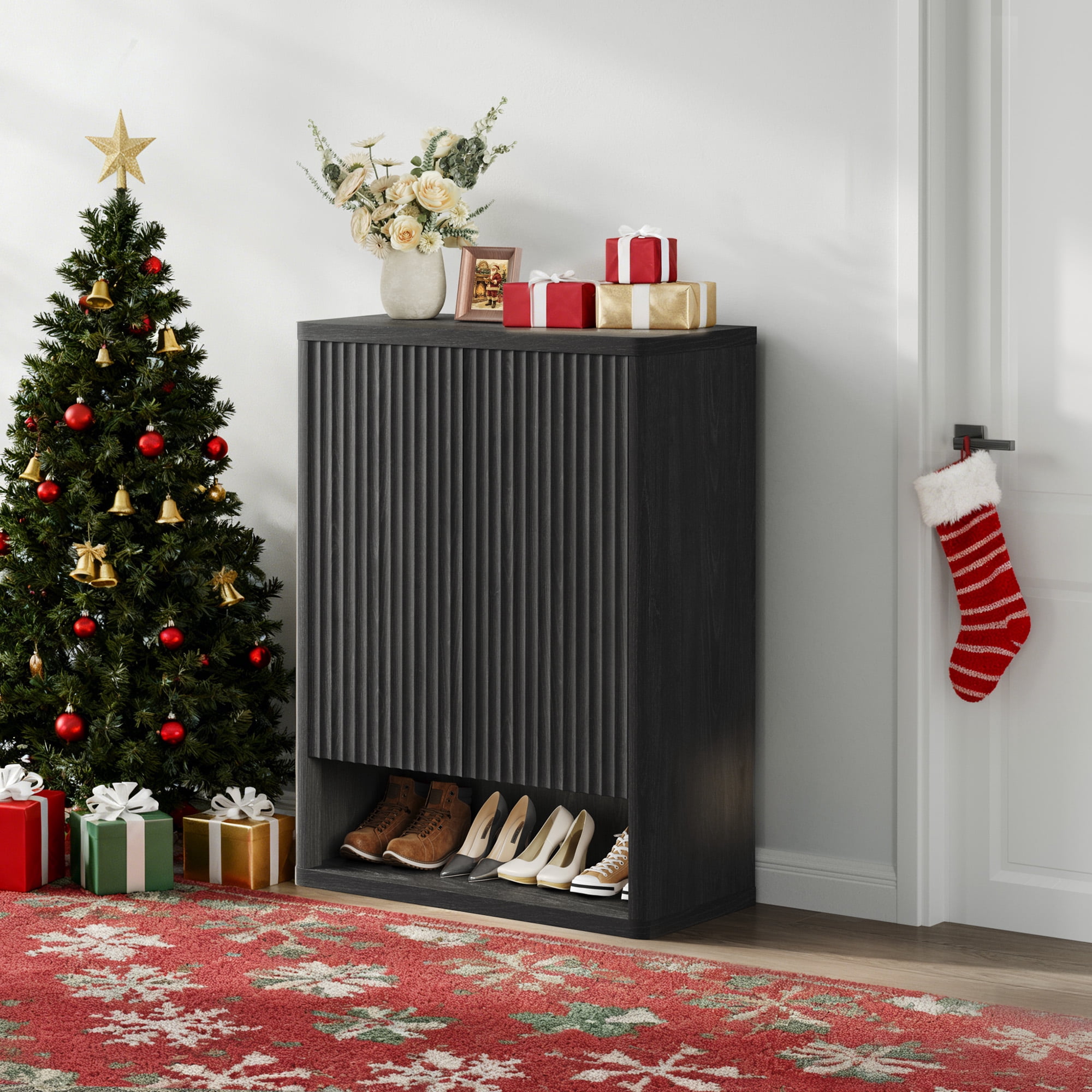 SICOTAS Black Modern Shoe Storage Cabinet,20 Pairs Fluted Shoe