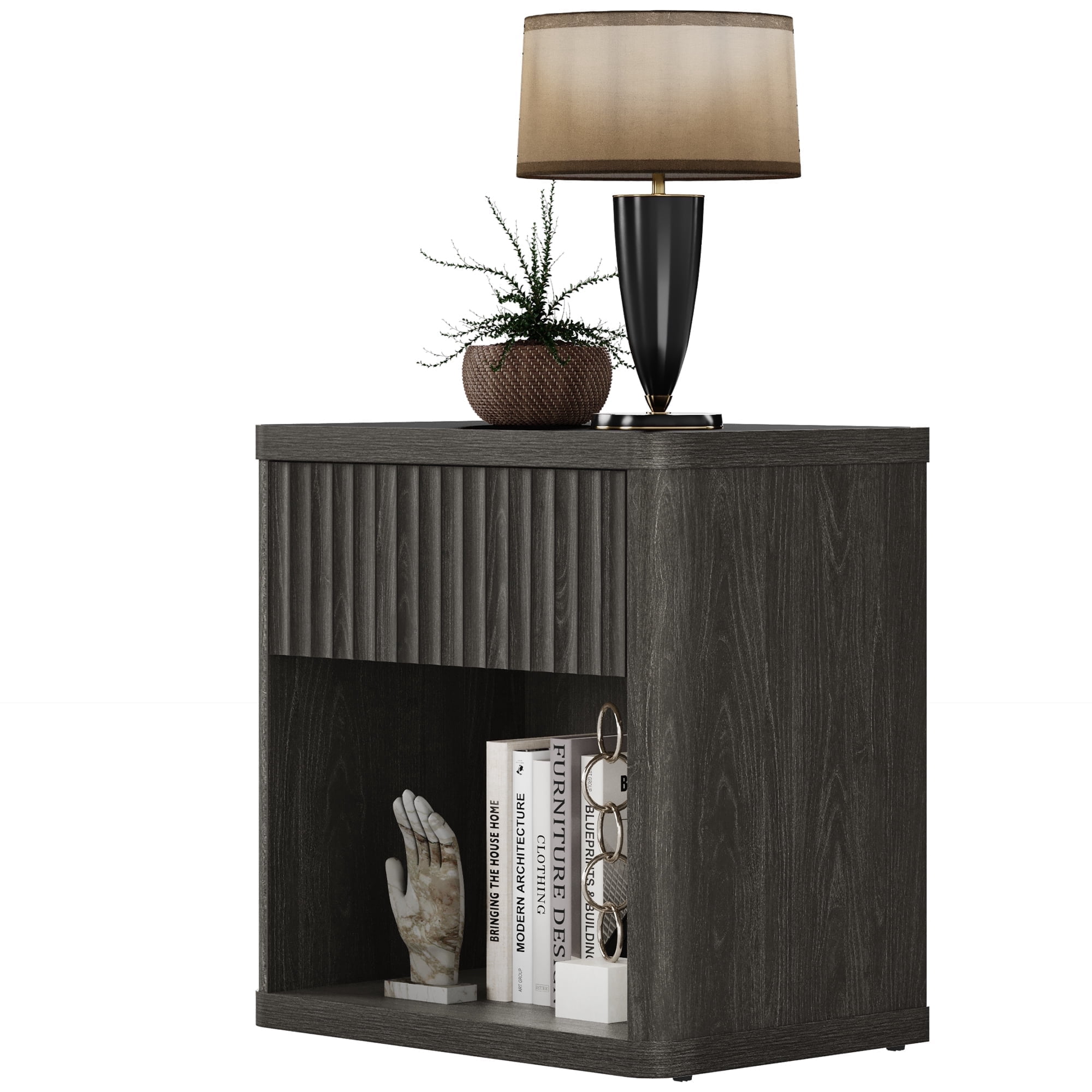 SICOTAS Fluted Nightstands for Bedroom, Farmhouse Bedside Tables with Drawer & Open Shelf,  Wood End Table for Living Room in Black