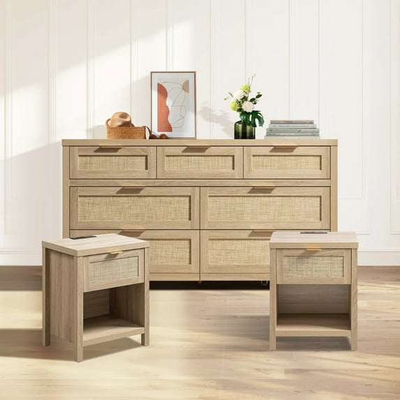 SICOTAS Bohemian 7-Drawer Dresser & 2 Nightstands Set with USB Charging - Coastal Rattan Bedroom Furniture Set,Light Oak