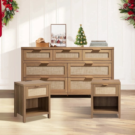 SICOTAS Bohemian 7-Drawer Dresser & 2 Nightstands Set with USB Charging - Coastal Rattan Bedroom Furniture Set, Oak