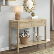SICOTAS 39.4 Inch Wide Rattan Console Table with 2 Drawers & Shelf, Boho Entryway table with Large Storage Capacity for Entrance Way, Hallway, Living Room - Light Oak
