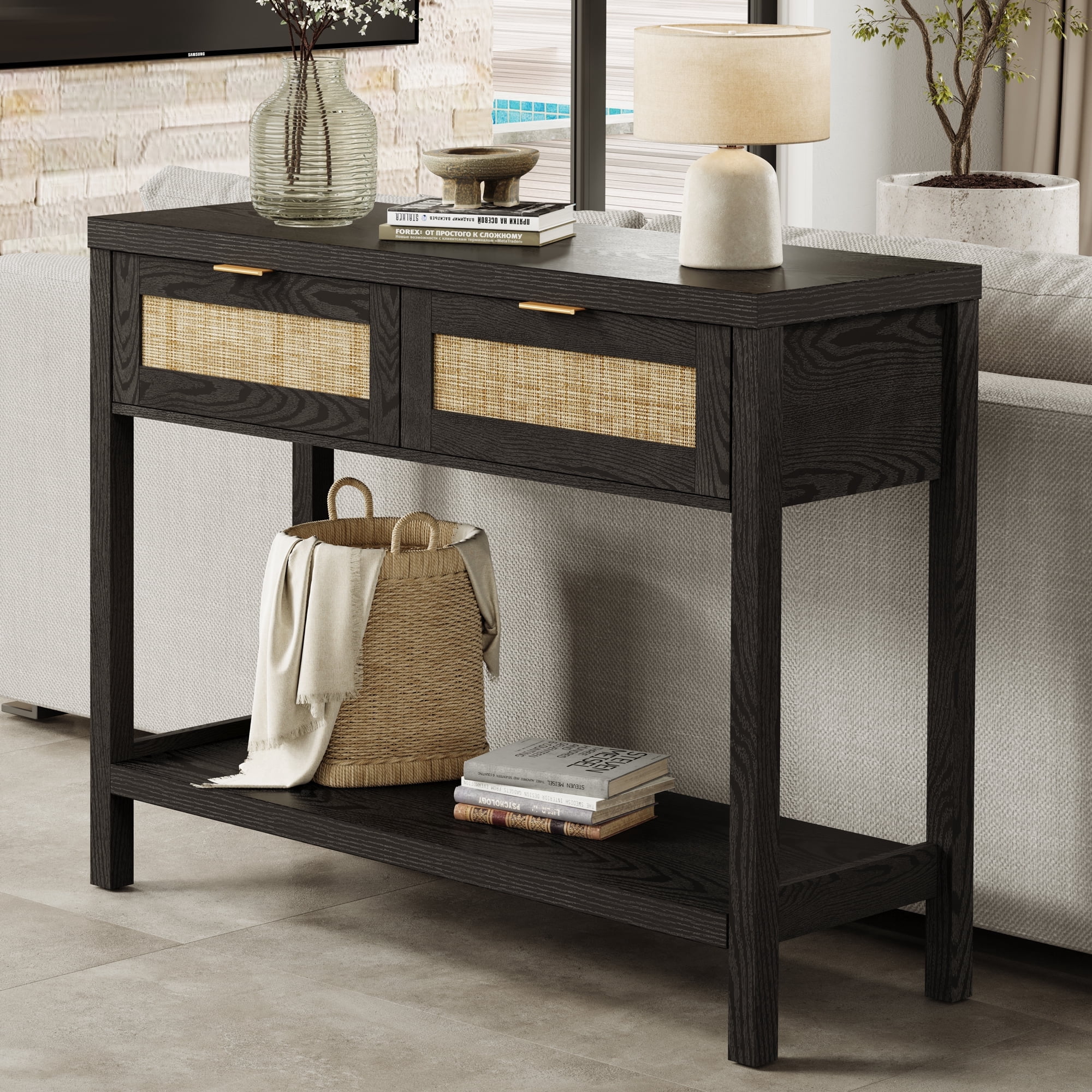 SICOTAS 39.4 Inch Wide Rattan Console Table with 2 Drawers & Shelf, Boho Entryway table with Large Storage Capacity for Entrance Way, Hallway, Living Room - Black Oak