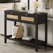 SICOTAS 39.4 Inch Wide Rattan Console Table with 2 Drawers & Shelf, Boho Entryway table with Large Storage Capacity for Entrance Way, Hallway, Living Room - Black Oak