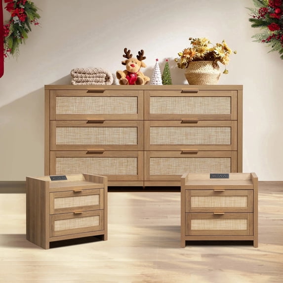 SICOTAS Boho 6-Drawer Dresser & 2 Charging Nightstands Set - Oversized 3-Piece Furniture Set with Rattan Design&Spacious Storage, USB/Type-C Ports, Rattan Furniture Set for Bedroom, Natural Oak
