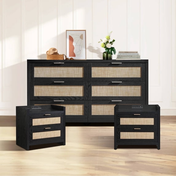 SICOTAS Boho 6-Drawer Dresser & 2 Charging Nightstands Set - Oversized 3-Piece Furniture Set with Rattan Design&Spacious Storage, USB/Type-C Ports, Coastal Furniture Set for Bedroom, Black Oak