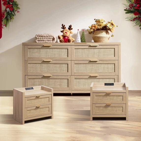 SICOTAS Boho 6-Drawer Dresser & 2 Charging Nightstands Set - Oversized 3-Piece Furniture Set with Rattan Design&Spacious Storage, USB/Type-C Ports, Coastal Furniture Set for Bedroom, Light Oak