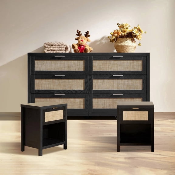 SICOTAS Boho 6-Drawer Dresser & Nightstands Set - 3PC Coastal Farmhouse Furniture Set with Spacious Storage&USB/Type-C Charging Stations for Bedroom Entryway Living Room, Black Oak