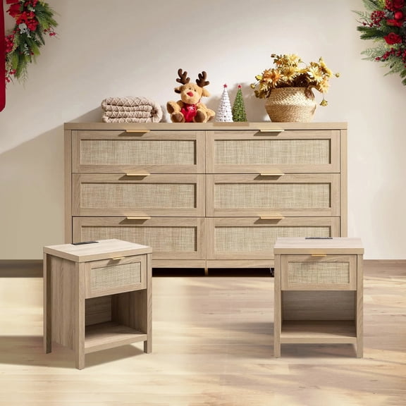 SICOTAS Boho 6-Drawer Dresser & Nightstands Set - 3PC Coastal Farmhouse Furniture Set with Spacious Storage&USB/Type-C Charging Stations for Bedroom Entryway Living Room, Light Oak