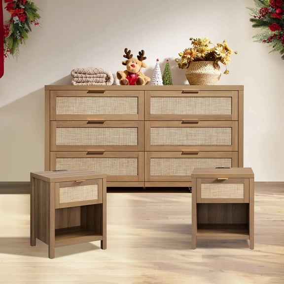 SICOTAS Boho 6-Drawer Dresser & Nightstands Set - 3PC Coastal Farmhouse Furniture Set with Spacious Storage&USB/Type-C Charging Stations for Bedroom Entryway Living Room, Natural Oak